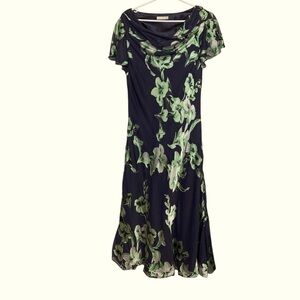 Jacques Vert Cowl Neck, Wedding Guest Dress, Silk Blend Blue w Green